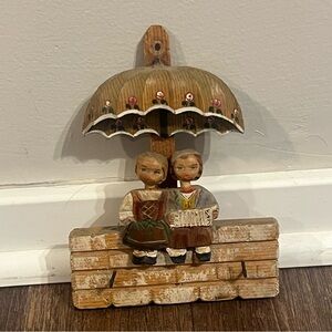 Vintage Anri Carved Wood Key Holder Singing Children Moveable Head Umbrella